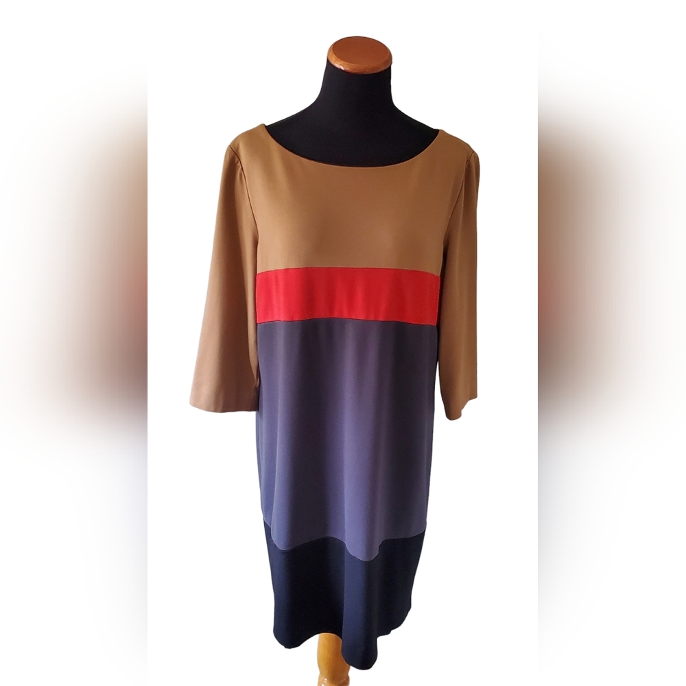 Tahari ASL Colorblock Long Sleeve Shift Dress - Tan, Red, Gray, Black